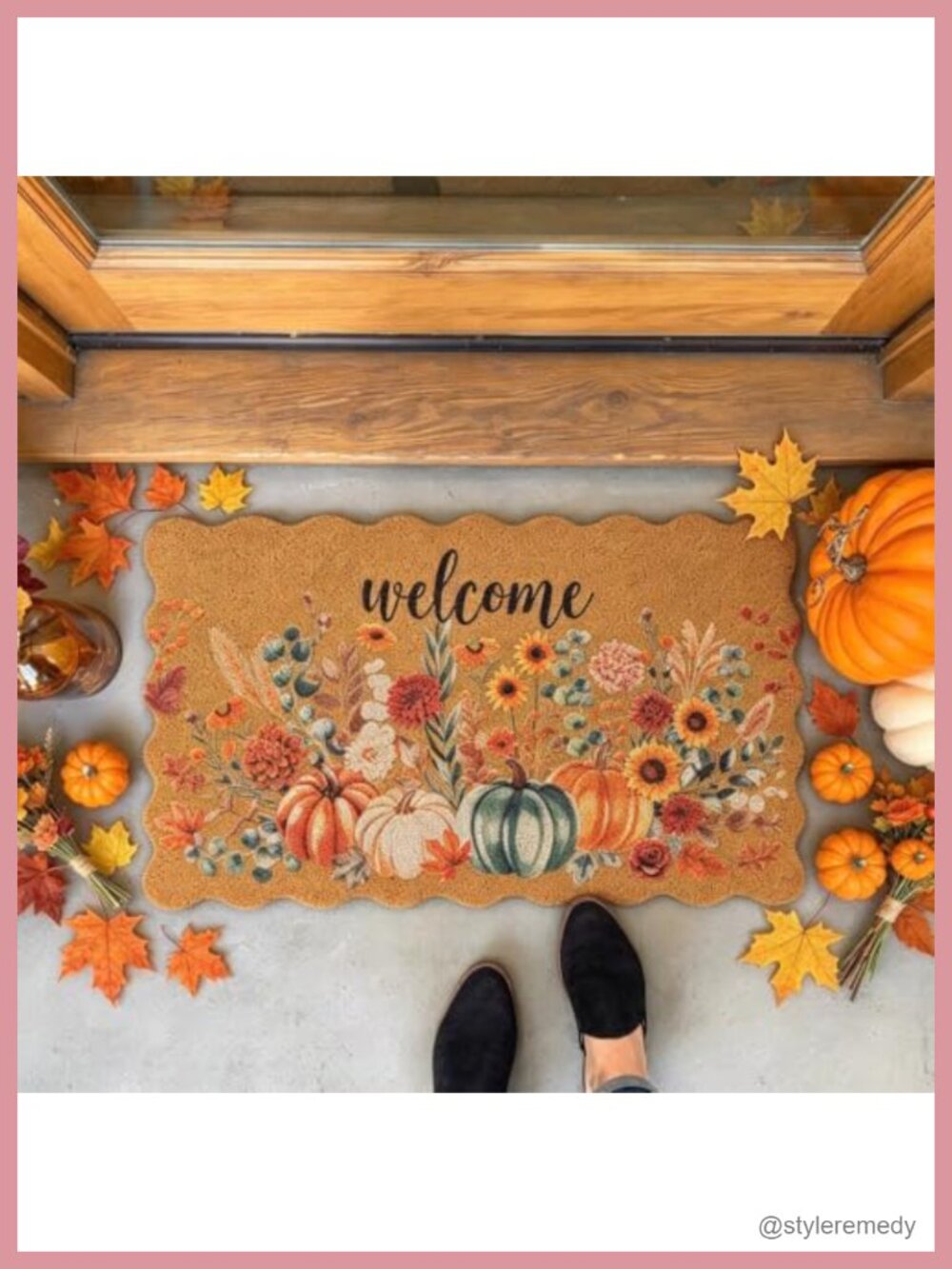 Coir Doormat Scalloped Floral Pumpkin 17x30 Inch Non-Slip Welcome Mat